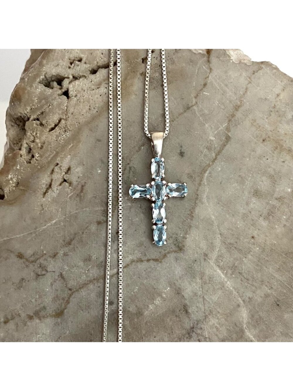 Ross-Simons Sterling Silver 925 Blue Topaz Cross Pendant Necklace 17.5"